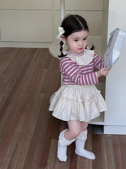 長袖セットアップ ベビートップス/スカート ラッフル襟ボーダー長袖Tシャツ/フリルミニケーキスカート【mh0008343】