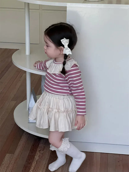 長袖セットアップ ベビートップス/スカート ラッフル襟ボーダー長袖Tシャツ/フリルミニケーキスカート【mh0008343】