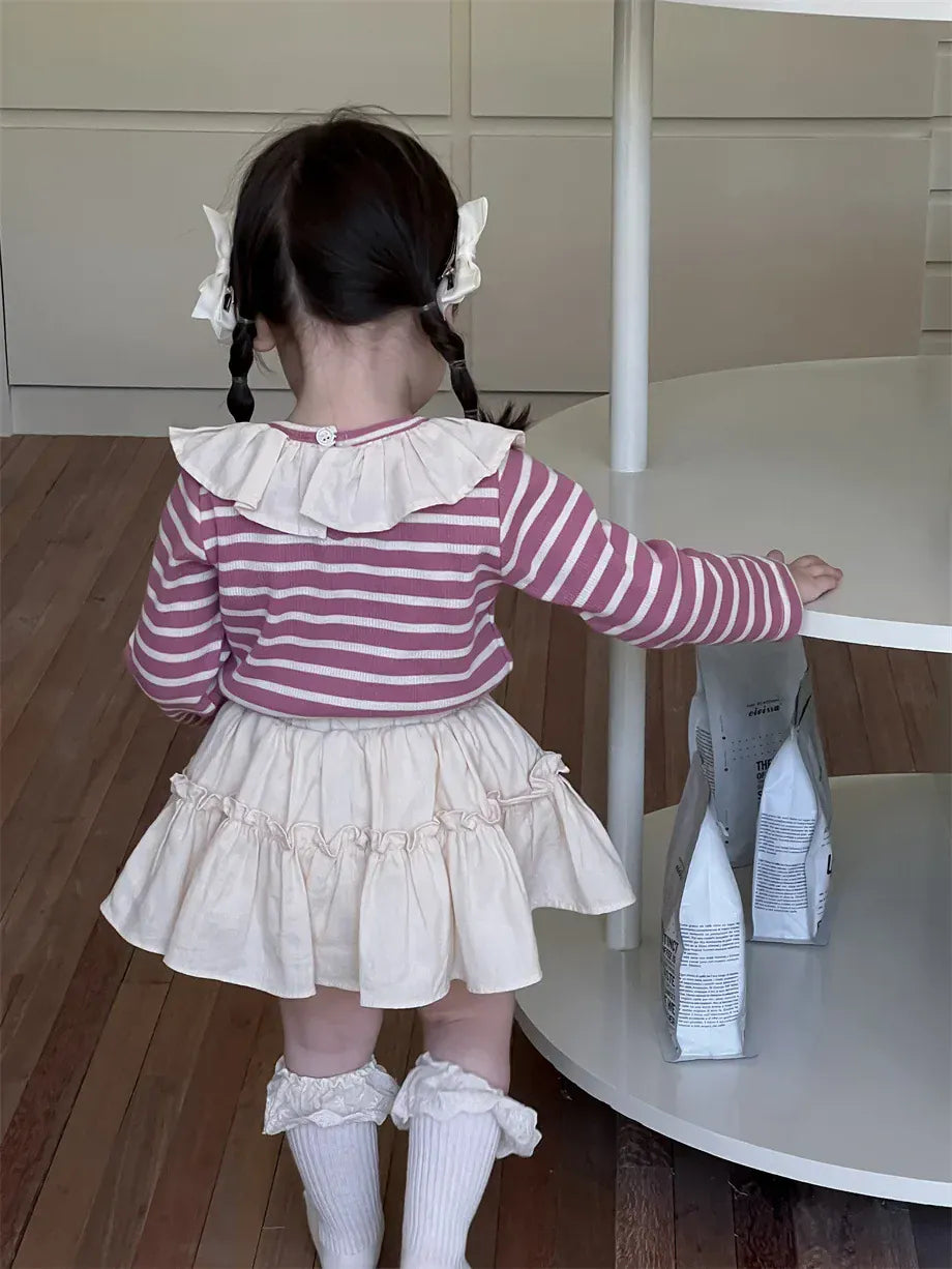 長袖セットアップ ベビートップス/スカート ラッフル襟ボーダー長袖Tシャツ/フリルミニケーキスカート【mh0008343】