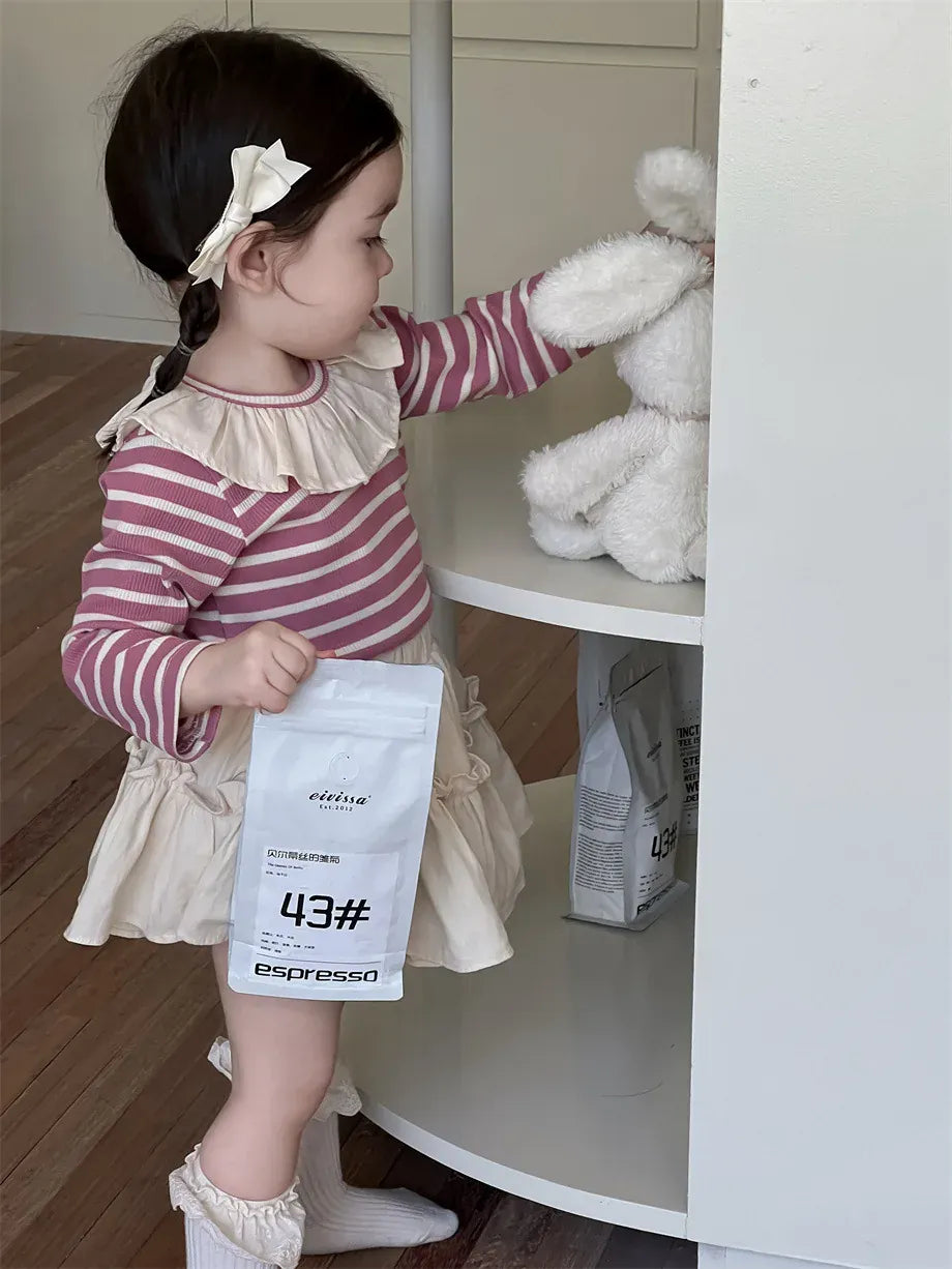 長袖セットアップ ベビートップス/スカート ラッフル襟ボーダー長袖Tシャツ/フリルミニケーキスカート【mh0008343】