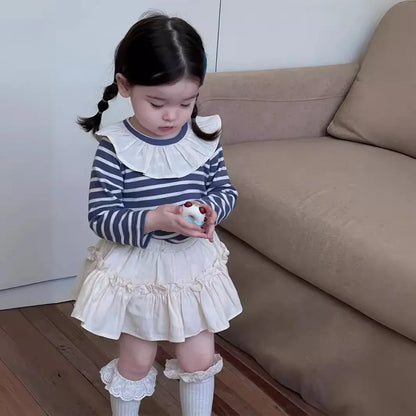 長袖セットアップ ベビートップス/スカート ラッフル襟ボーダー長袖Tシャツ/フリルミニケーキスカート【mh0008343】