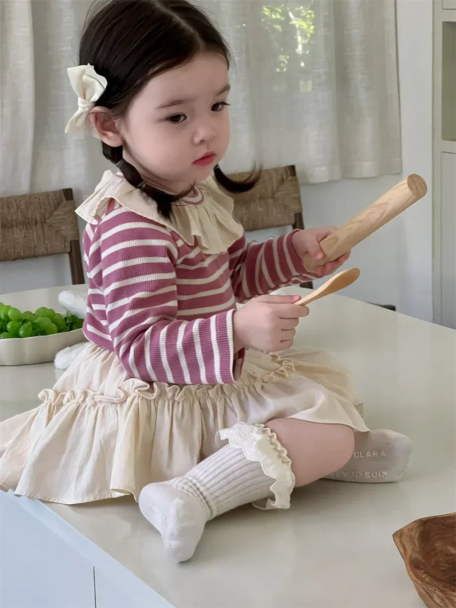 長袖セットアップ ベビートップス/スカート ラッフル襟ボーダー長袖Tシャツ/フリルミニケーキスカート【mh0008343】
