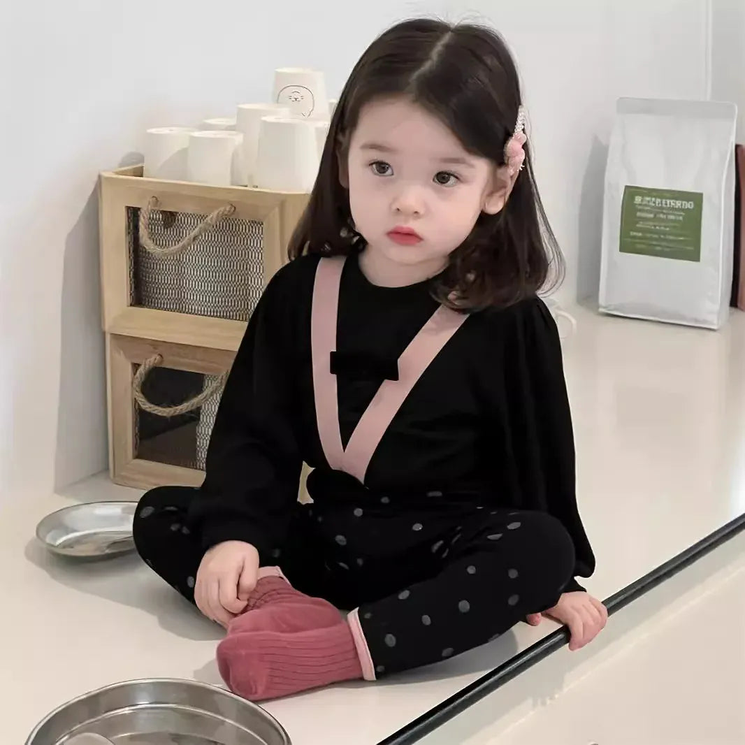 長袖セットアップ ベビートップス/パンツ 長袖パフスリーブTシャツ/サスペンダーロングレギンスパンツ【mh0008344】