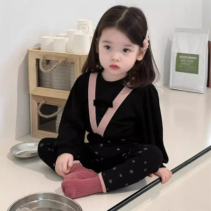 長袖セットアップ ベビートップス/パンツ 長袖パフスリーブTシャツ/サスペンダーロングレギンスパンツ【mh0008344】