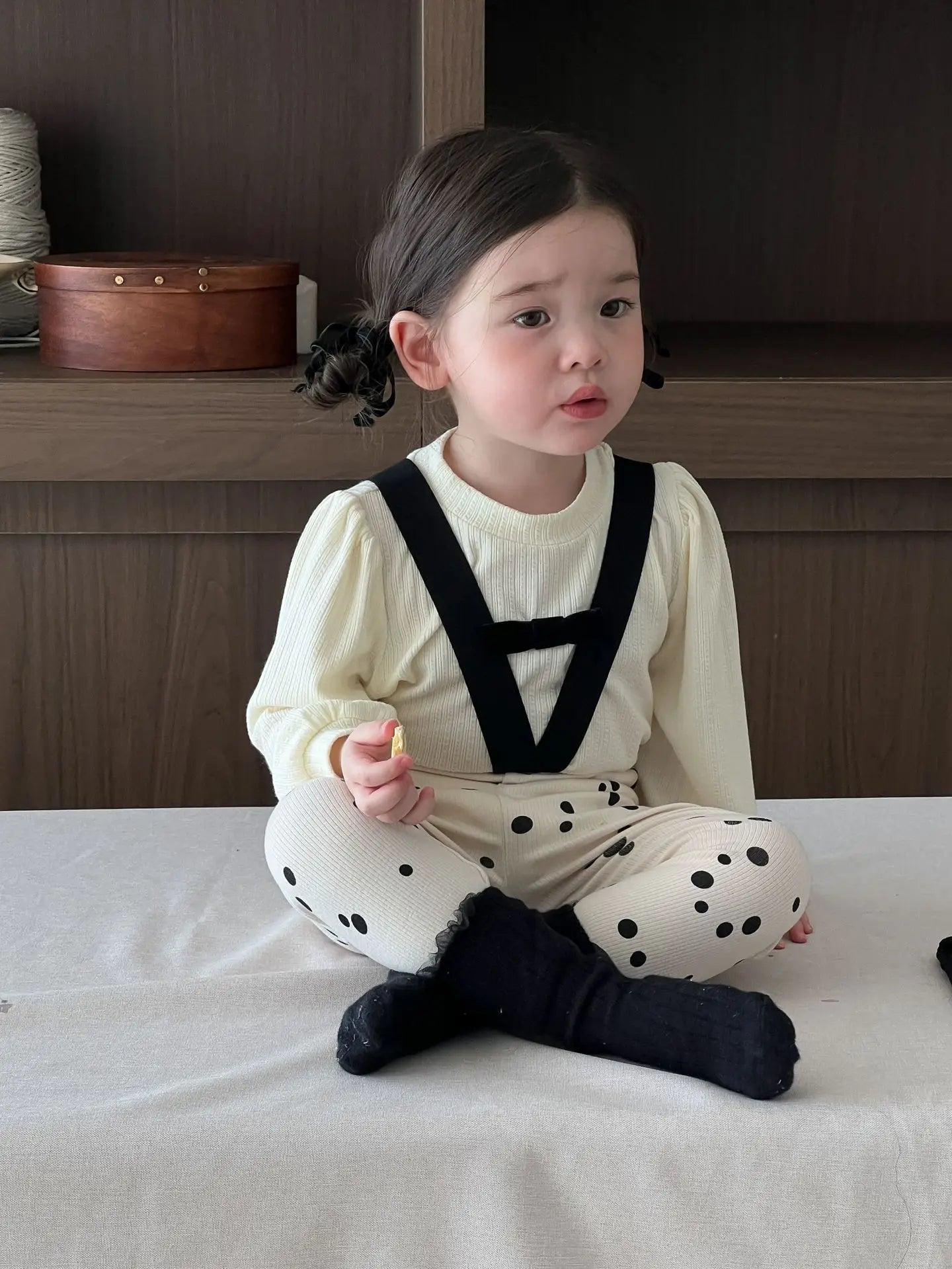 長袖セットアップ ベビートップス/パンツ 長袖パフスリーブTシャツ/サスペンダーロングレギンスパンツ【mh0008344】