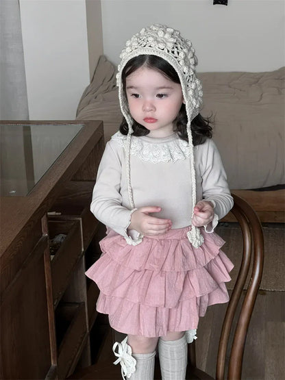 長袖セットアップ ベビートップス/スカート ラッフル襟長袖Tシャツ/レースフリルケーキミニスカート【mh0008720】