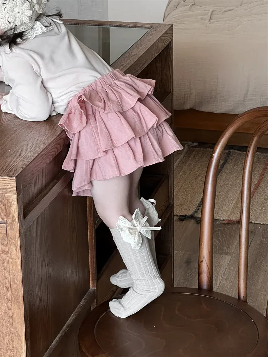 長袖セットアップ ベビートップス/スカート ラッフル襟長袖Tシャツ/レースフリルケーキミニスカート【mh0008720】