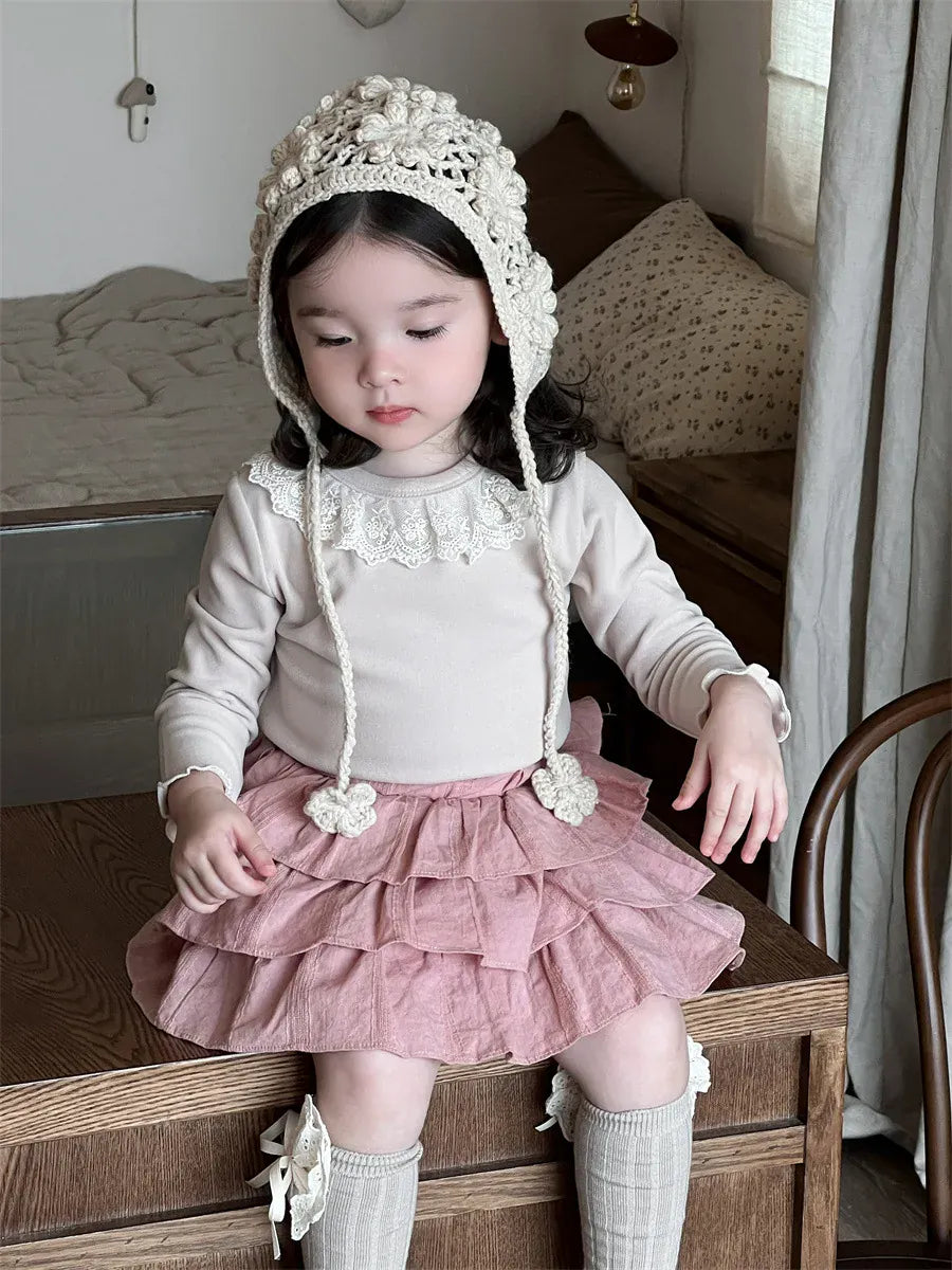 長袖セットアップ ベビートップス/スカート ラッフル襟長袖Tシャツ/レースフリルケーキミニスカート【mh0008720】