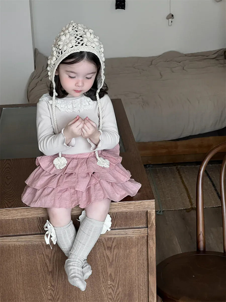 長袖セットアップ ベビートップス/スカート ラッフル襟長袖Tシャツ/レースフリルケーキミニスカート【mh0008720】