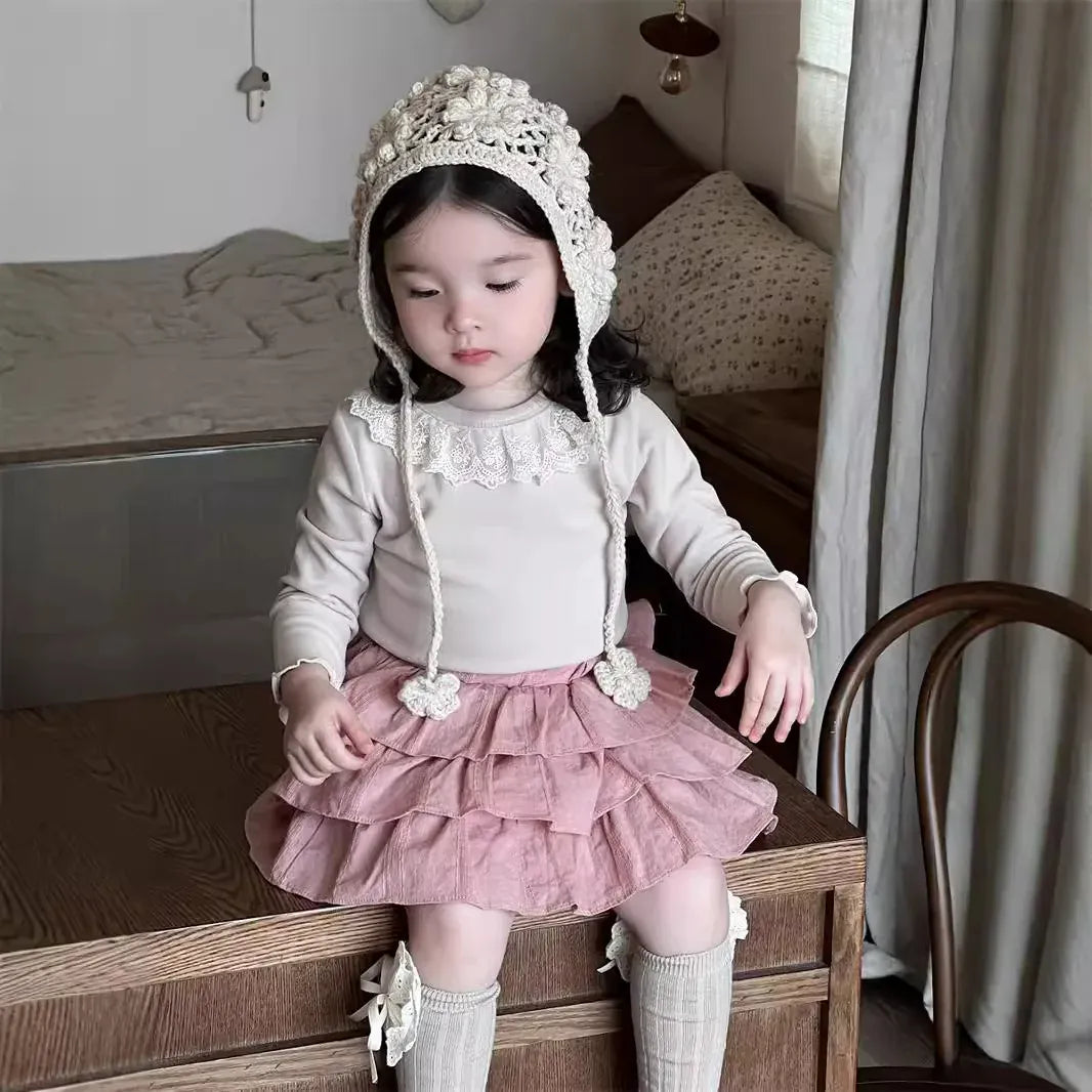 長袖セットアップ ベビートップス/スカート ラッフル襟長袖Tシャツ/レースフリルケーキミニスカート【mh0008720】