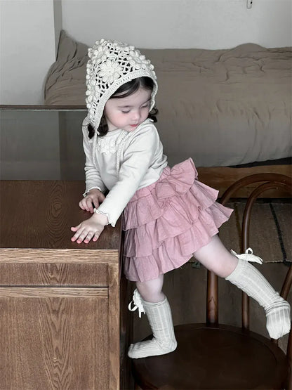 長袖セットアップ ベビートップス/スカート ラッフル襟長袖Tシャツ/レースフリルケーキミニスカート【mh0008720】