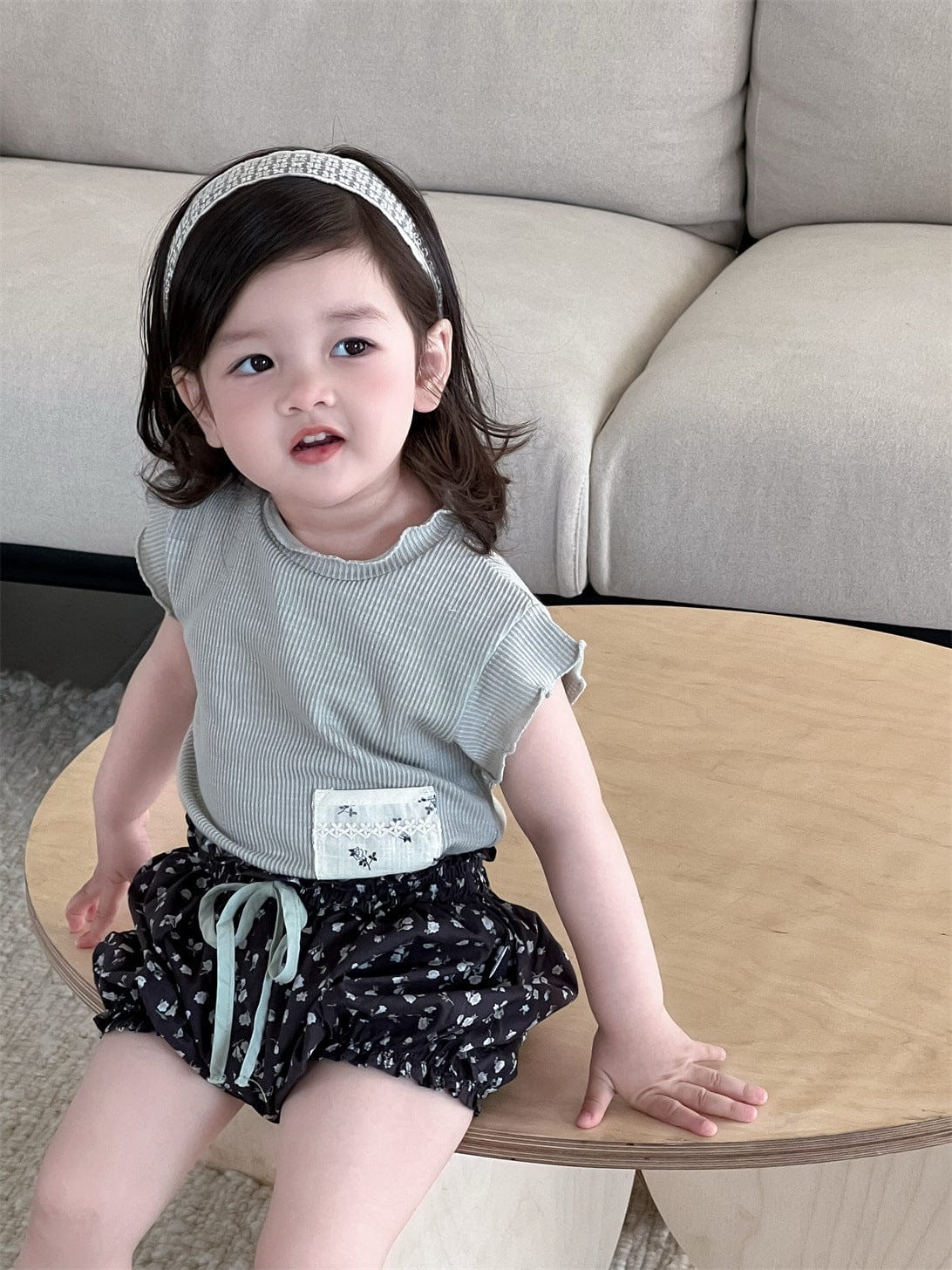 半袖セットアップ ポケットパッチワーク半袖Tシャツ/フラワープリントバルーンショートパンツ【mh0009897】