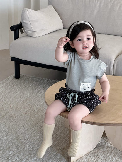 半袖セットアップ ポケットパッチワーク半袖Tシャツ/フラワープリントバルーンショートパンツ【mh0009897】