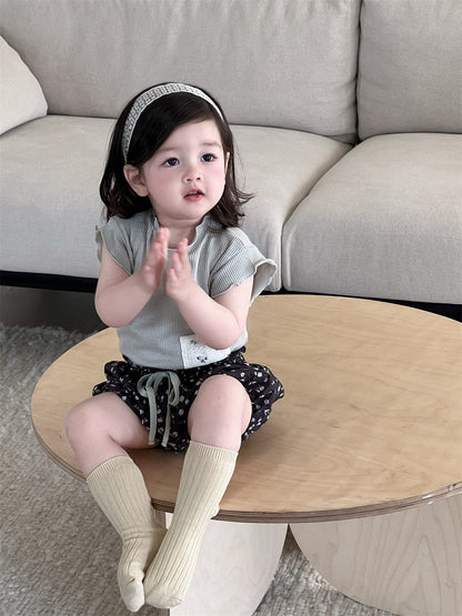 半袖セットアップ ポケットパッチワーク半袖Tシャツ/フラワープリントバルーンショートパンツ【mh0009897】