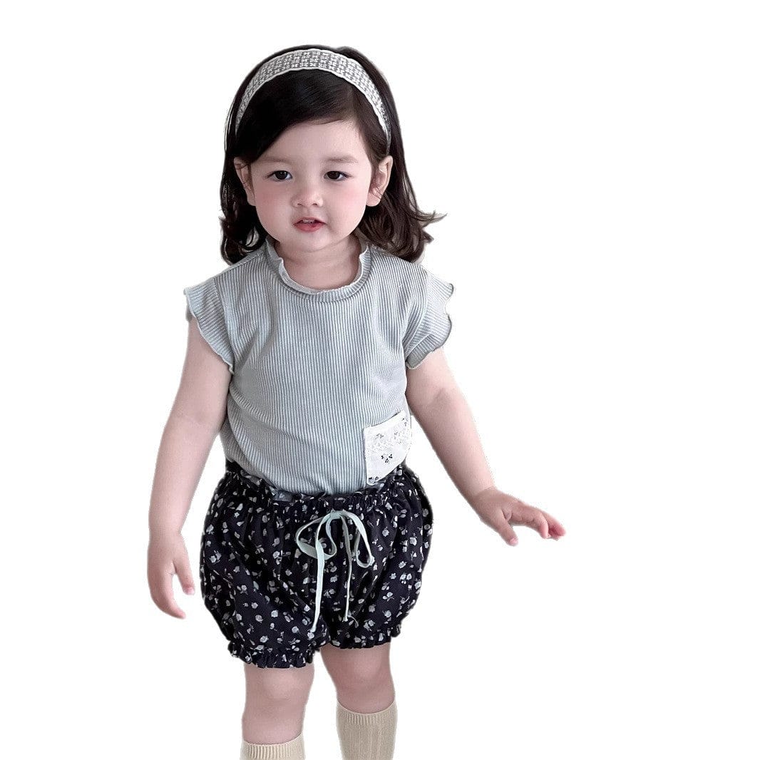 半袖セットアップ ポケットパッチワーク半袖Tシャツ/フラワープリントバルーンショートパンツ【mh0009897】