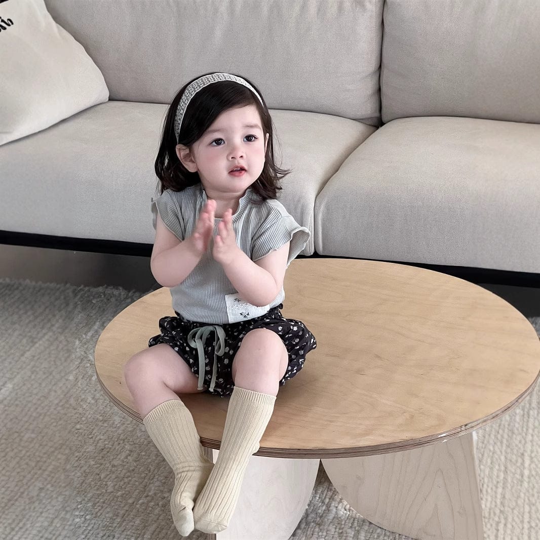 半袖セットアップ ポケットパッチワーク半袖Tシャツ/フラワープリントバルーンショートパンツ【mh0009897】