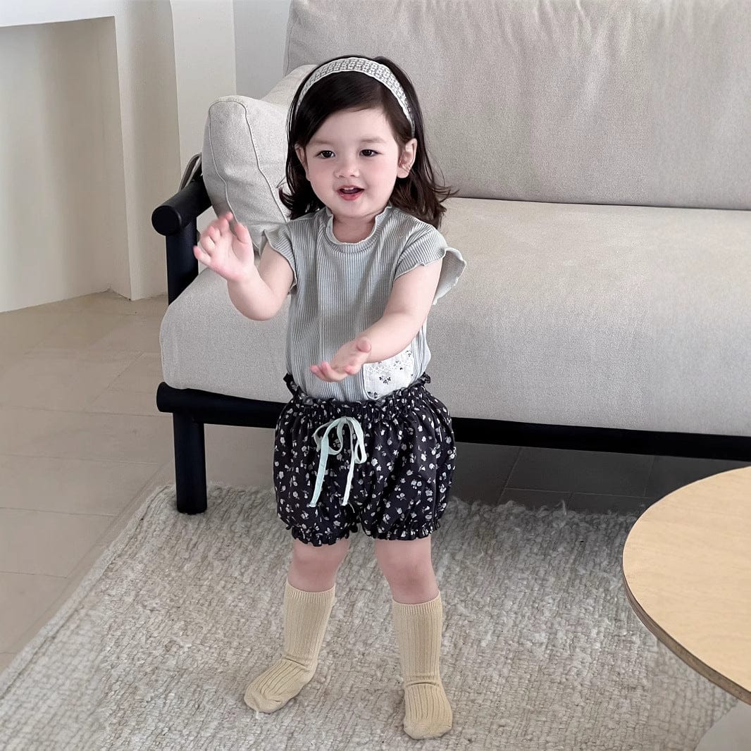 半袖セットアップ ポケットパッチワーク半袖Tシャツ/フラワープリントバルーンショートパンツ【mh0009897】