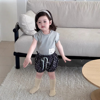 半袖セットアップ ポケットパッチワーク半袖Tシャツ/フラワープリントバルーンショートパンツ【mh0009897】