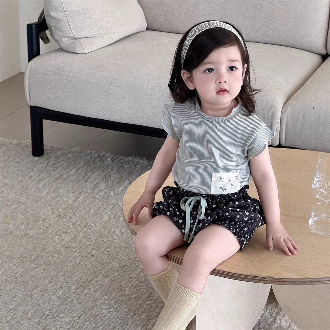 半袖セットアップ ポケットパッチワーク半袖Tシャツ/フラワープリントバルーンショートパンツ【mh0009897】