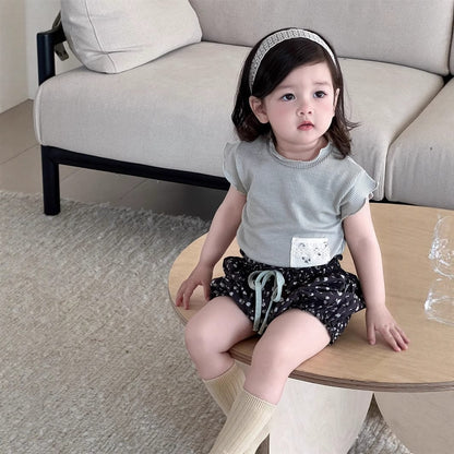 半袖セットアップ ポケットパッチワーク半袖Tシャツ/フラワープリントバルーンショートパンツ【mh0009897】