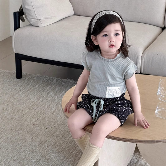 半袖セットアップ ポケットパッチワーク半袖Tシャツ/フラワープリントバルーンショートパンツ【mh0009897】