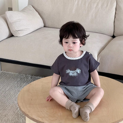 半袖セットアップ 犬パピープリント半袖Tシャツ/ワッフルショートパンツ【mh0009901】