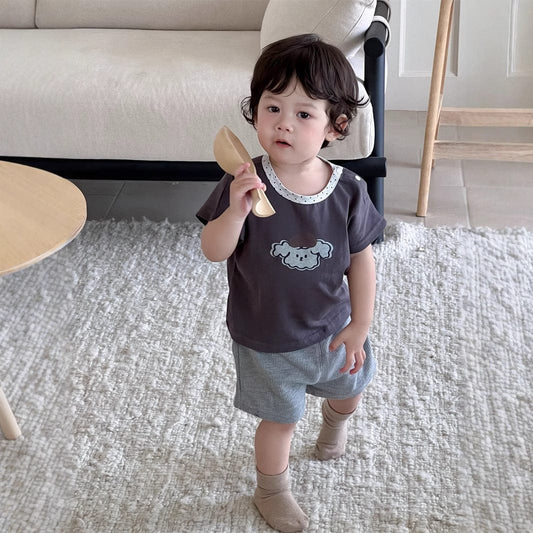 半袖セットアップ 犬パピープリント半袖Tシャツ/ワッフルショートパンツ【mh0009901】