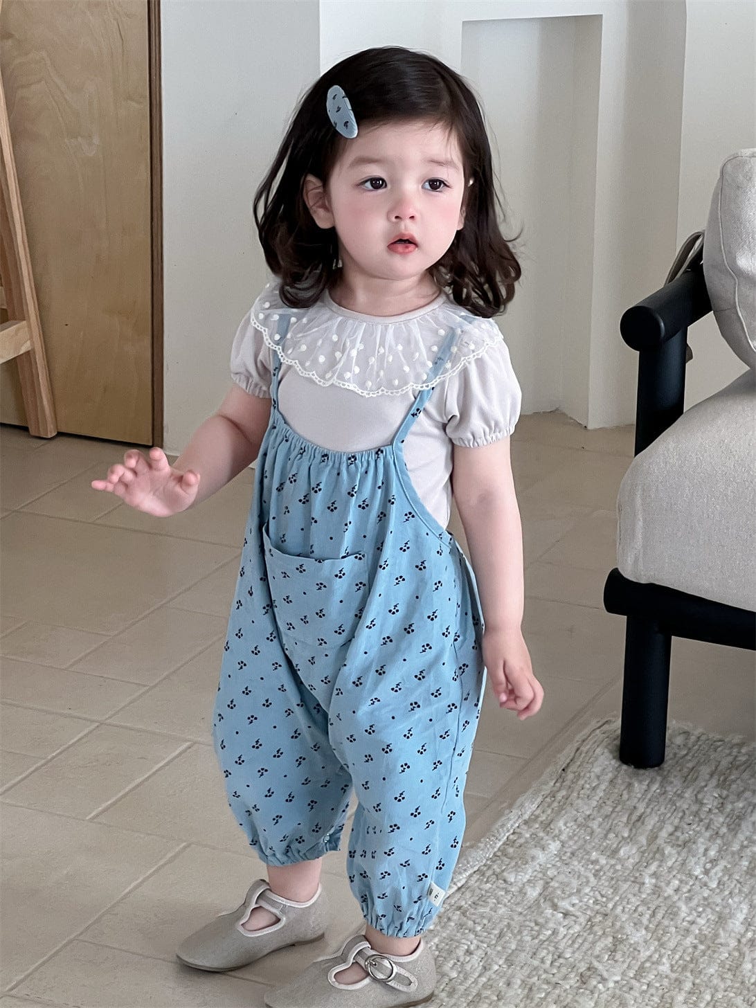 半袖セットアップ レースラッフル襟半袖Tシャツ/フラワー小花柄プリントキャミソールジャンプスーツ【mh0009902】