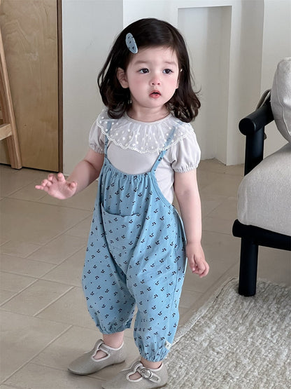 半袖セットアップ レースラッフル襟半袖Tシャツ/フラワー小花柄プリントキャミソールジャンプスーツ【mh0009902】