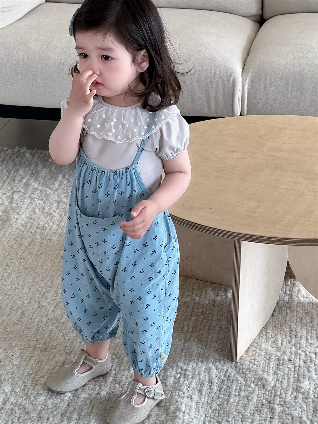 半袖セットアップ レースラッフル襟半袖Tシャツ/フラワー小花柄プリントキャミソールジャンプスーツ【mh0009902】