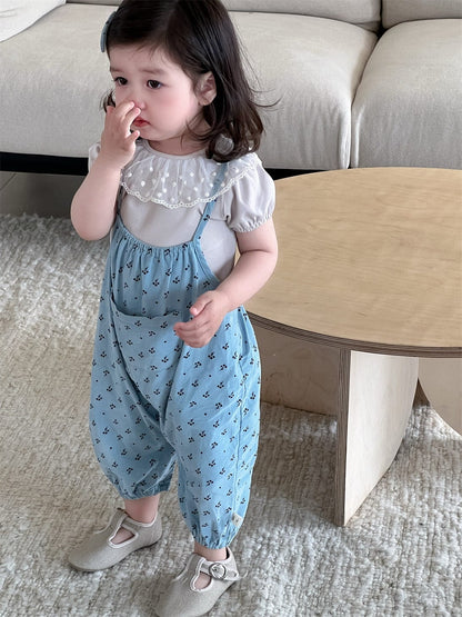 半袖セットアップ レースラッフル襟半袖Tシャツ/フラワー小花柄プリントキャミソールジャンプスーツ【mh0009902】