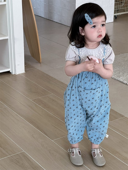 半袖セットアップ レースラッフル襟半袖Tシャツ/フラワー小花柄プリントキャミソールジャンプスーツ【mh0009902】