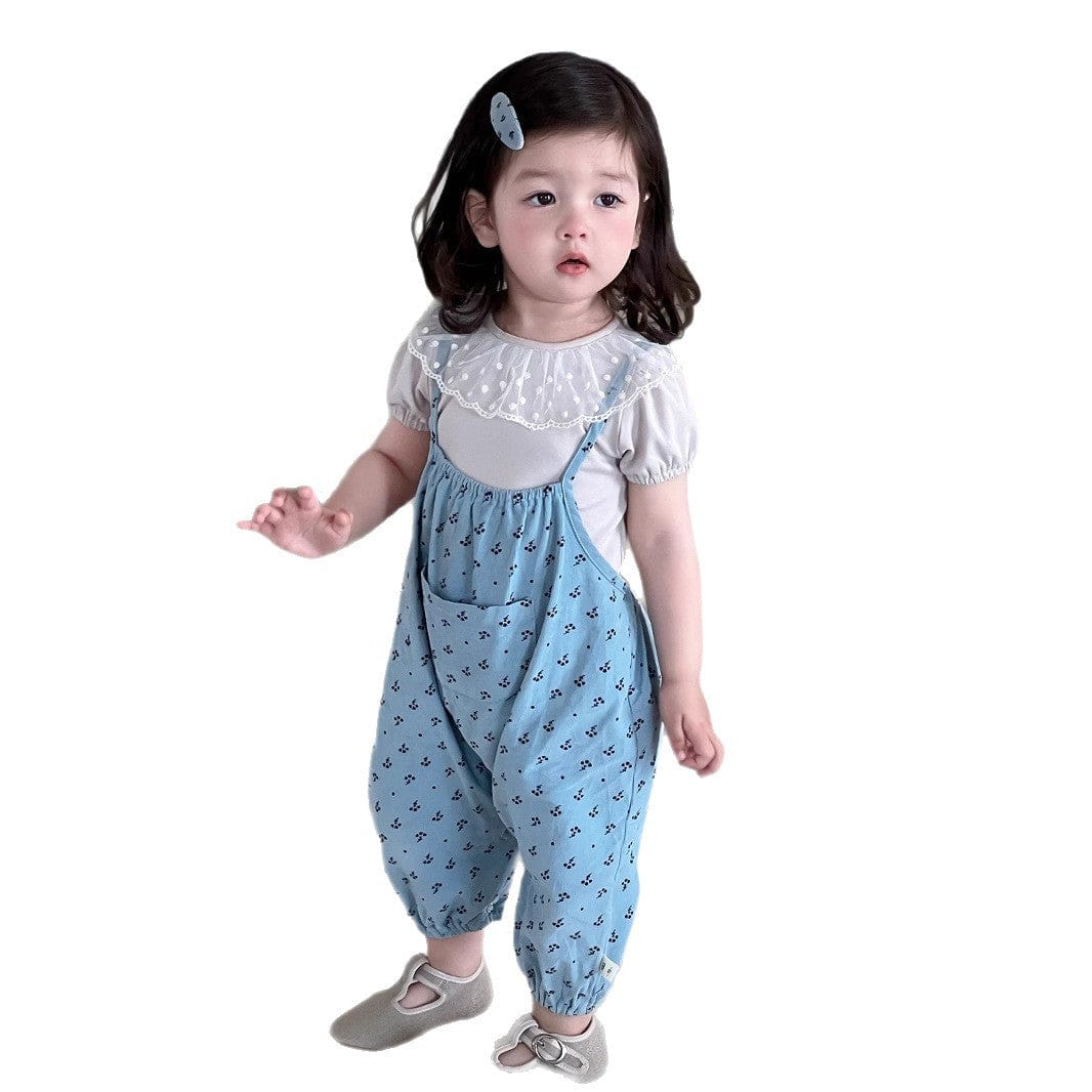 半袖セットアップ レースラッフル襟半袖Tシャツ/フラワー小花柄プリントキャミソールジャンプスーツ【mh0009902】