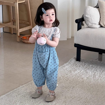 半袖セットアップ レースラッフル襟半袖Tシャツ/フラワー小花柄プリントキャミソールジャンプスーツ【mh0009902】