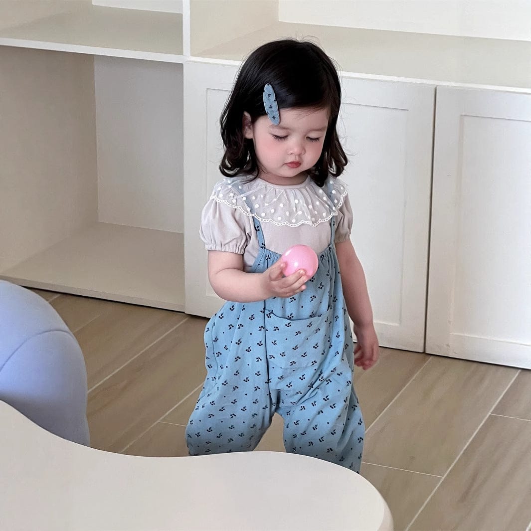 半袖セットアップ レースラッフル襟半袖Tシャツ/フラワー小花柄プリントキャミソールジャンプスーツ【mh0009902】