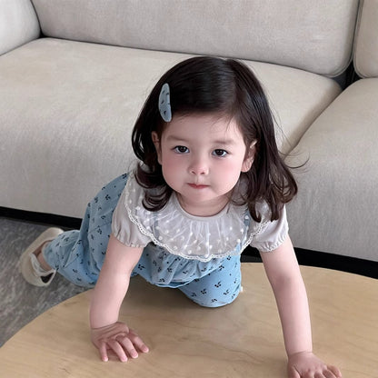 半袖セットアップ レースラッフル襟半袖Tシャツ/フラワー小花柄プリントキャミソールジャンプスーツ【mh0009902】