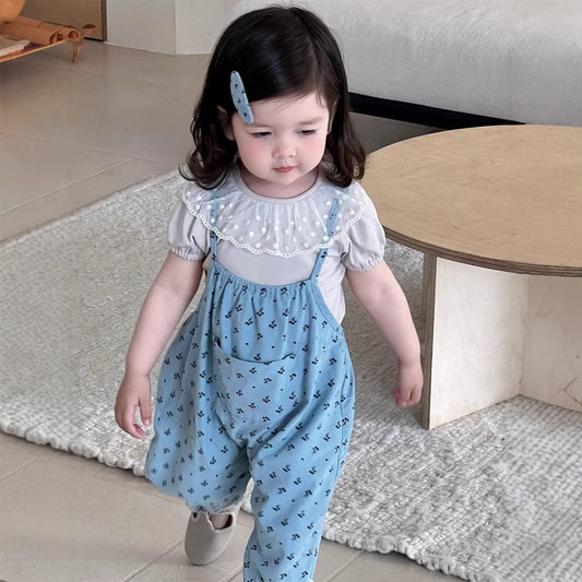 半袖セットアップ レースラッフル襟半袖Tシャツ/フラワー小花柄プリントキャミソールジャンプスーツ【mh0009902】