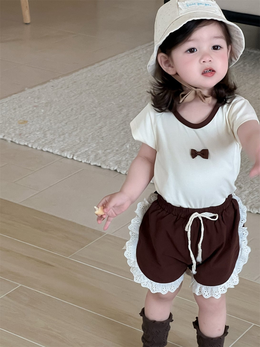 半袖セットアップ リボン/フラワープリント半袖Tシャツ/サイドレースショートパンツ【mh0009903】