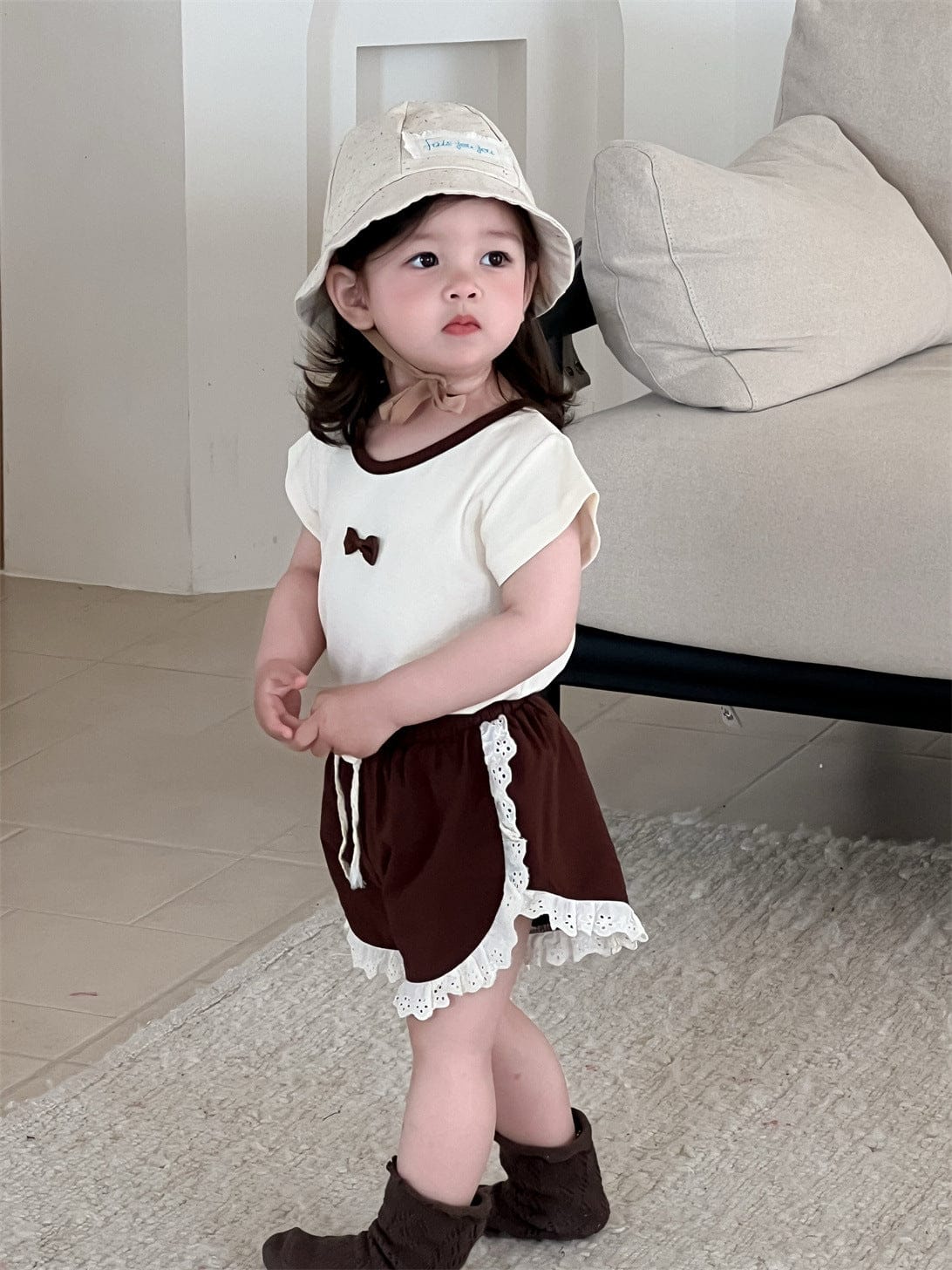 半袖セットアップ リボン/フラワープリント半袖Tシャツ/サイドレースショートパンツ【mh0009903】