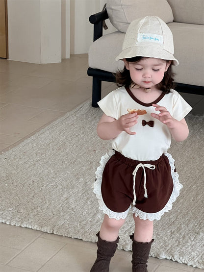 半袖セットアップ リボン/フラワープリント半袖Tシャツ/サイドレースショートパンツ【mh0009903】