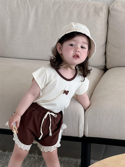 半袖セットアップ リボン/フラワープリント半袖Tシャツ/サイドレースショートパンツ【mh0009903】