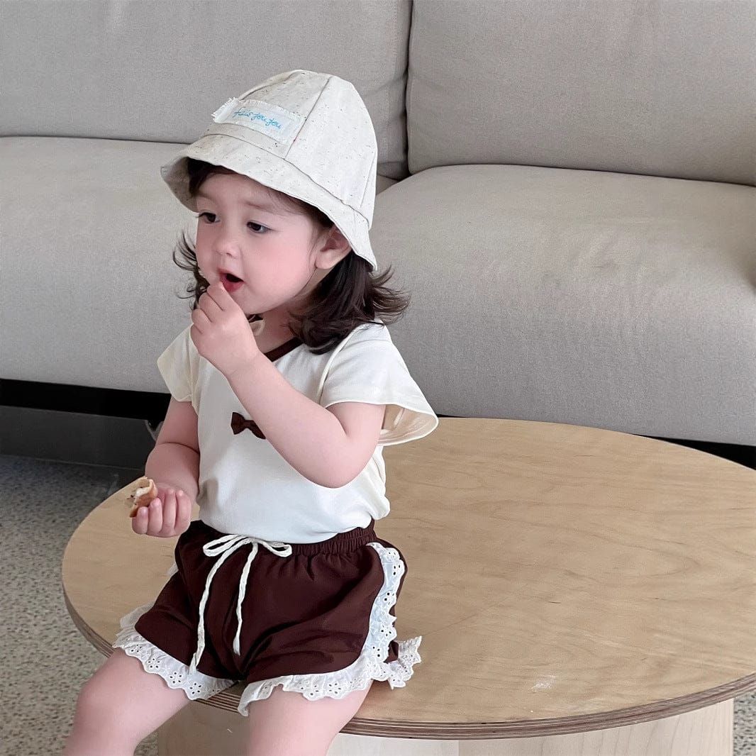 半袖セットアップ リボン/フラワープリント半袖Tシャツ/サイドレースショートパンツ【mh0009903】