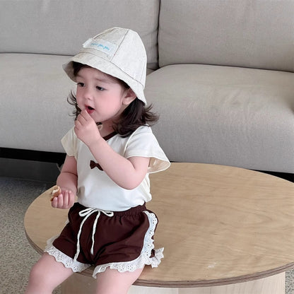 半袖セットアップ リボン/フラワープリント半袖Tシャツ/サイドレースショートパンツ【mh0009903】