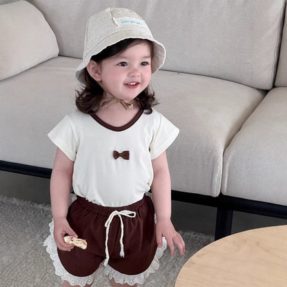 半袖セットアップ リボン/フラワープリント半袖Tシャツ/サイドレースショートパンツ【mh0009903】