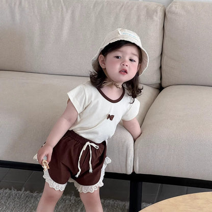 半袖セットアップ リボン/フラワープリント半袖Tシャツ/サイドレースショートパンツ【mh0009903】