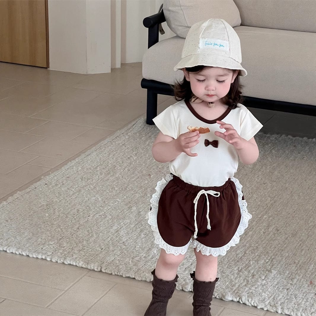 半袖セットアップ リボン/フラワープリント半袖Tシャツ/サイドレースショートパンツ【mh0009903】