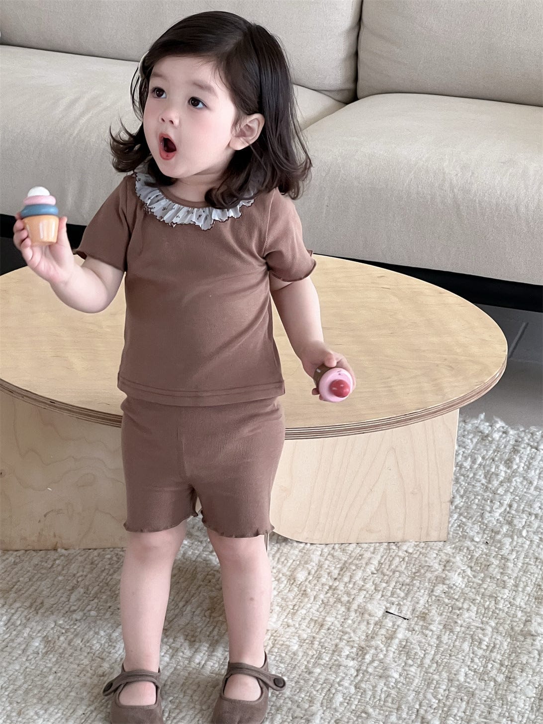 半袖セットアップ フリル襟半袖Tシャツ+ショートレギンス/レースエプロンスカート【mh0009908】