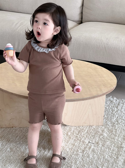 半袖セットアップ フリル襟半袖Tシャツ+ショートレギンス/レースエプロンスカート【mh0009908】