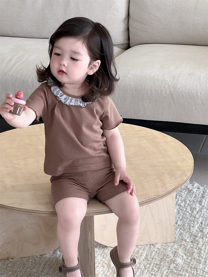 半袖セットアップ フリル襟半袖Tシャツ+ショートレギンス/レースエプロンスカート【mh0009908】