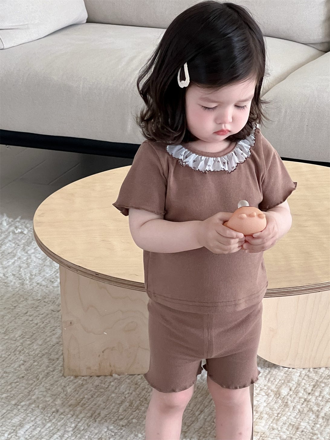 半袖セットアップ フリル襟半袖Tシャツ+ショートレギンス/レースエプロンスカート【mh0009908】